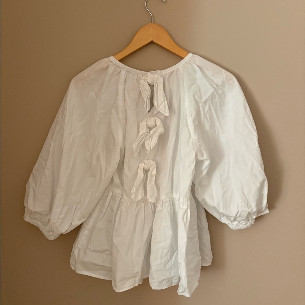 Mud pie Women's White Balloon Sleeve Blouse Bow Tie Back Size S - Picture 8 of 9